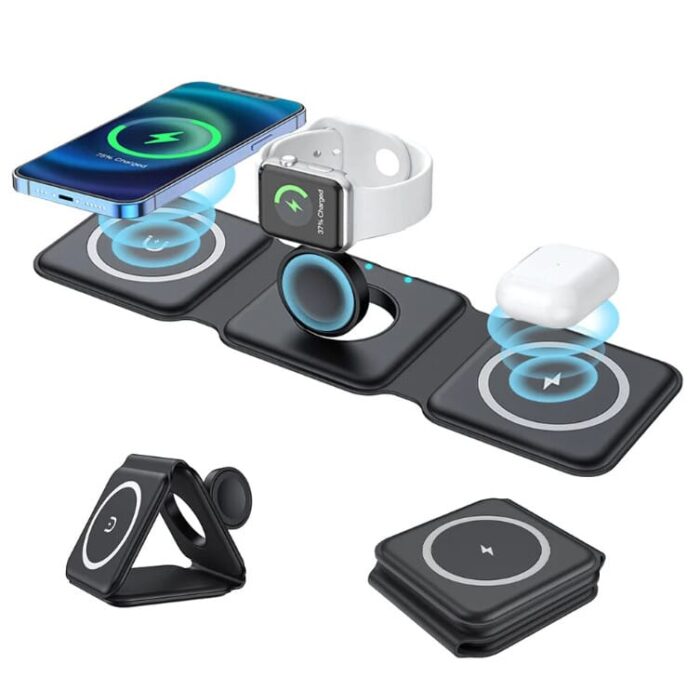 încărcător wireless pliabil, încărcător 3 în 1 iPhone, încărcare rapidă 15W, suport telefon magnetic, încărcător Apple Watch AirPods, încărcător wireless compact, încărcător MagSafe iPhone