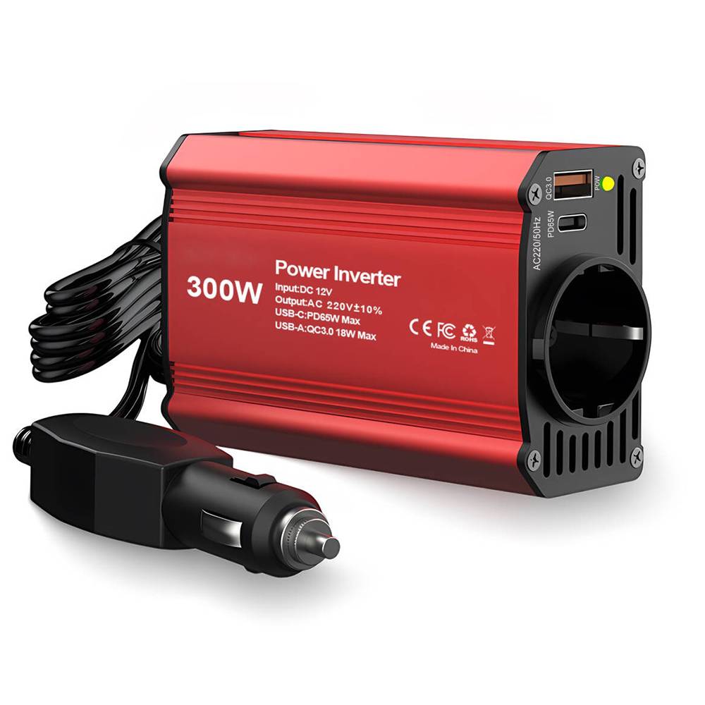 Invertor Auto 12 24 V PowerXpress 300W adaptor priza bricheta auto – 1 x Priza AC 220V 1 xType C PD 65W 1 x USB A QC3.0 Fast Charge Racire Silentioasa Carcasa Aluminiu Rosu1