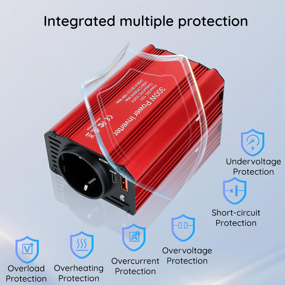 Invertor Auto 12 24 V PowerXpress 300W adaptor priza bricheta auto – 1 x Priza AC 220V 1 xType C PD 65W 1 x USB A QC3.0 Fast Charge Racire Silentioasa Carcasa Aluminiu Rosu6