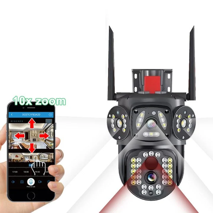 Cameră Supraveghere WiFi 12MP V380 cu 3 Lentile HD și PTZ 360°